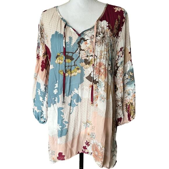 Melissa Paige Floral Tropical Pleated‎ Sheer Tunic Size Large - Picture 1 of 7